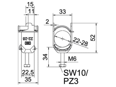 Dimensional drawing OBO BS SAS M 28 A2 One piece strut clamp 22   28mm